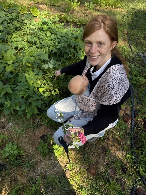 In the bean patch with the baby